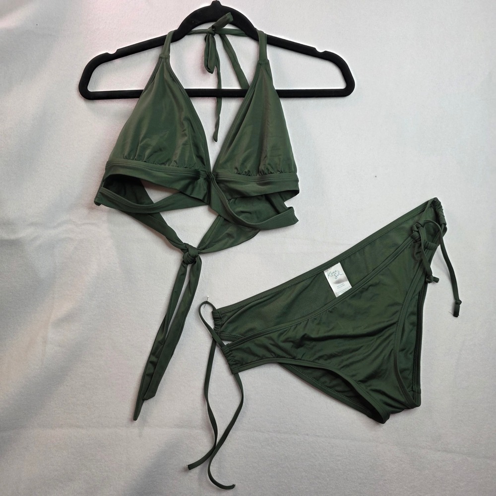 Kona Sol Olive Green Wrap Halter Bikini Set XL Top L Bottoms 238028143